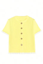 Yellow Cream Ribbed Knit Contrast Frilled Short Sleeve Sweater Cardigan