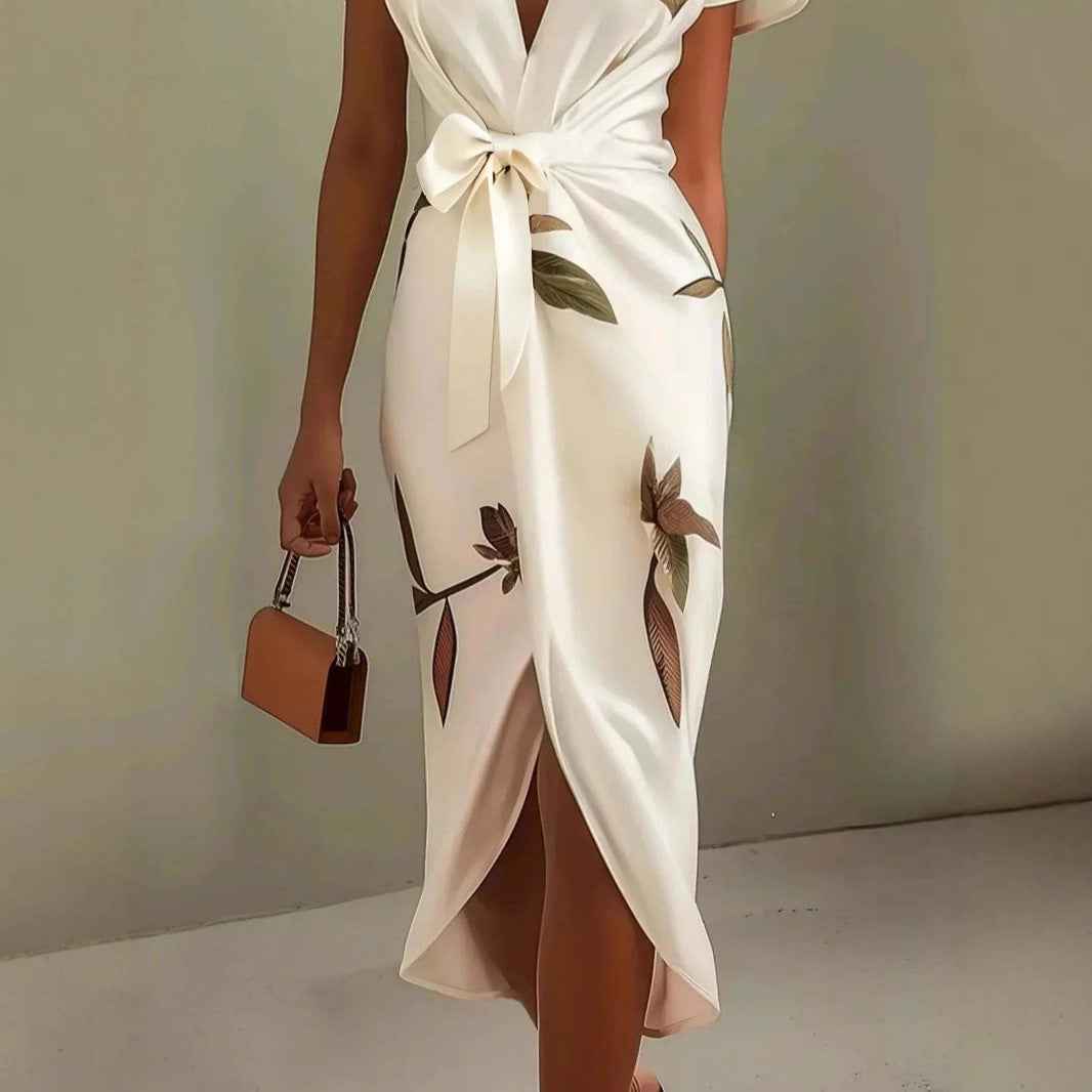 Fashion Satin Printed Belted Dress