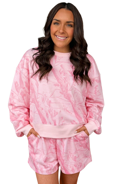 Pink Abstract Print Ribbed Crewneck Long Sleeve Top Elastic Waist Short Set