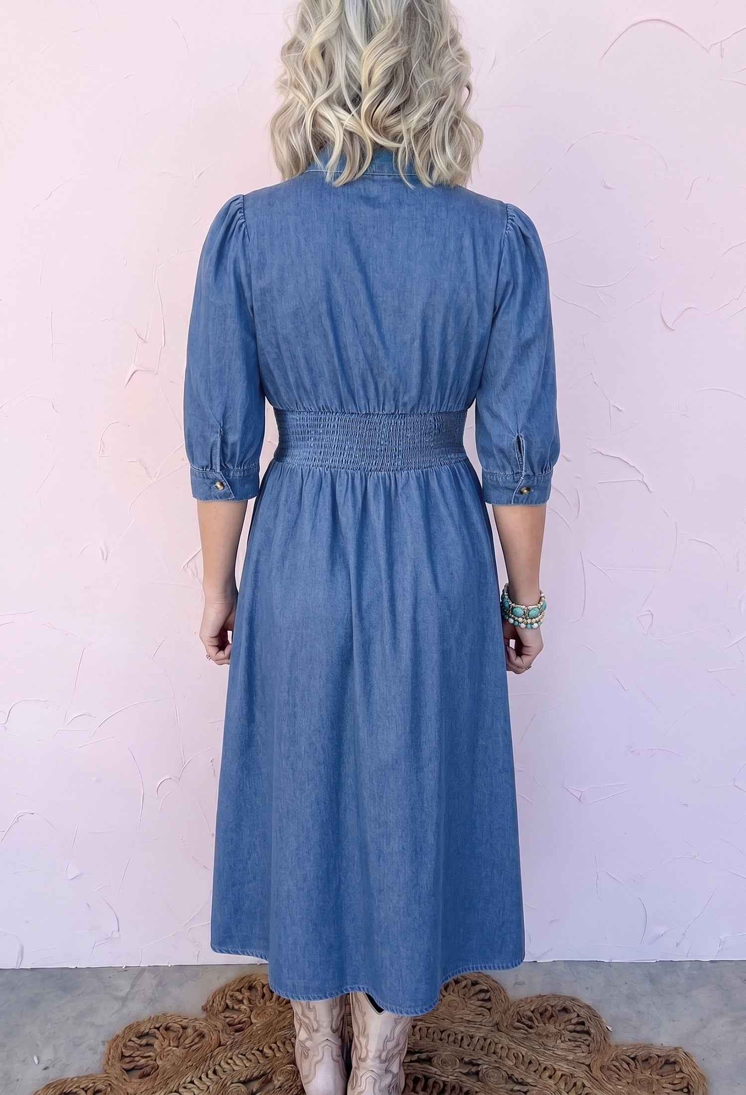 Blue V Neck Shirred Waist Metal Zipper Denim Midi Dress