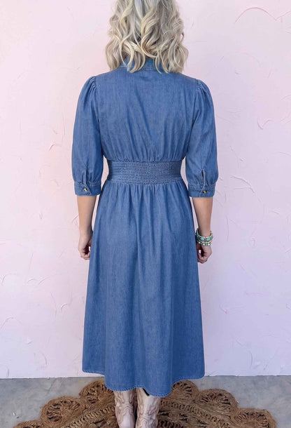 Blue V Neck Shirred Waist Metal Zipper Denim Midi Dress