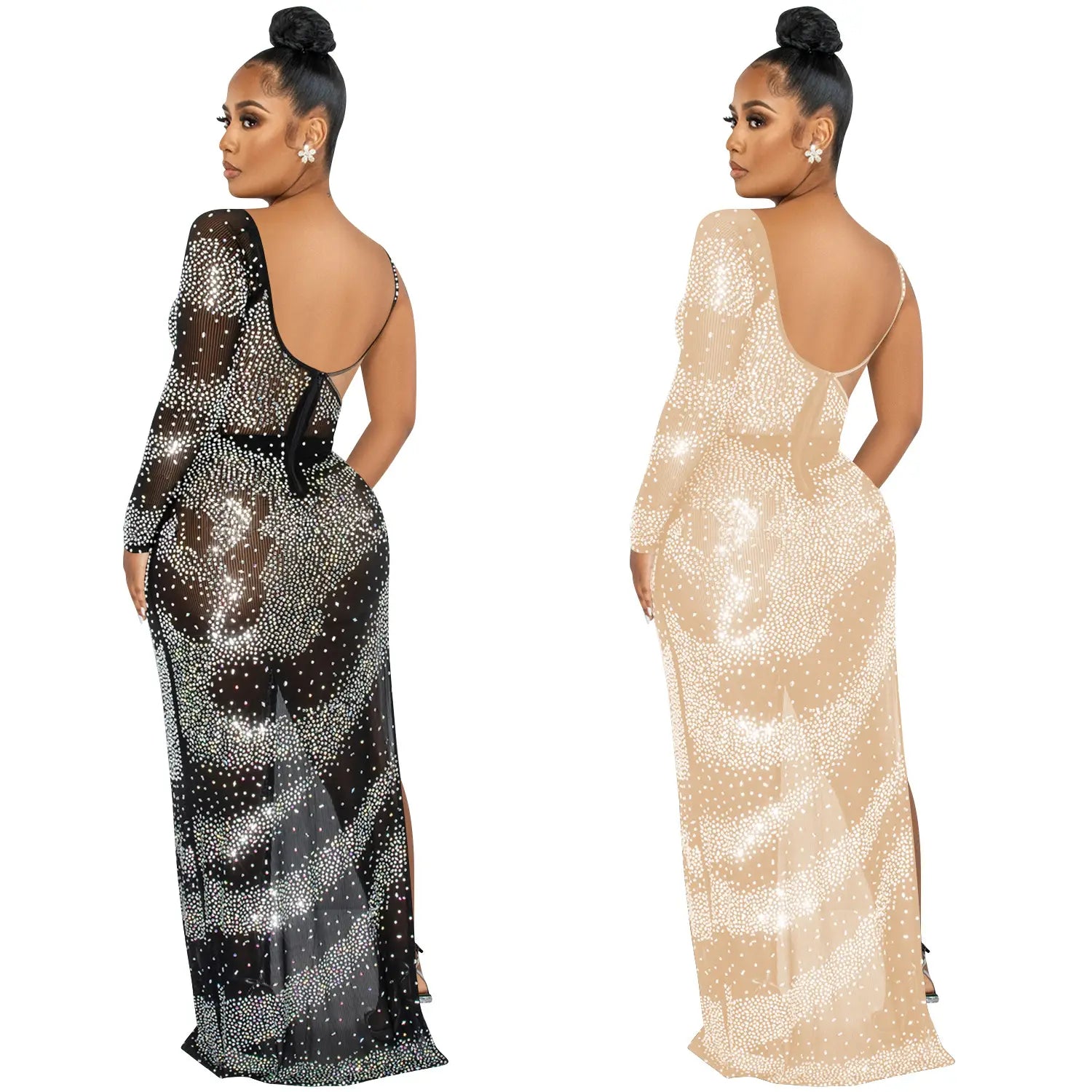 Fashion sexy nightclub rhinestone single long sleeve irregular slit maxi dress