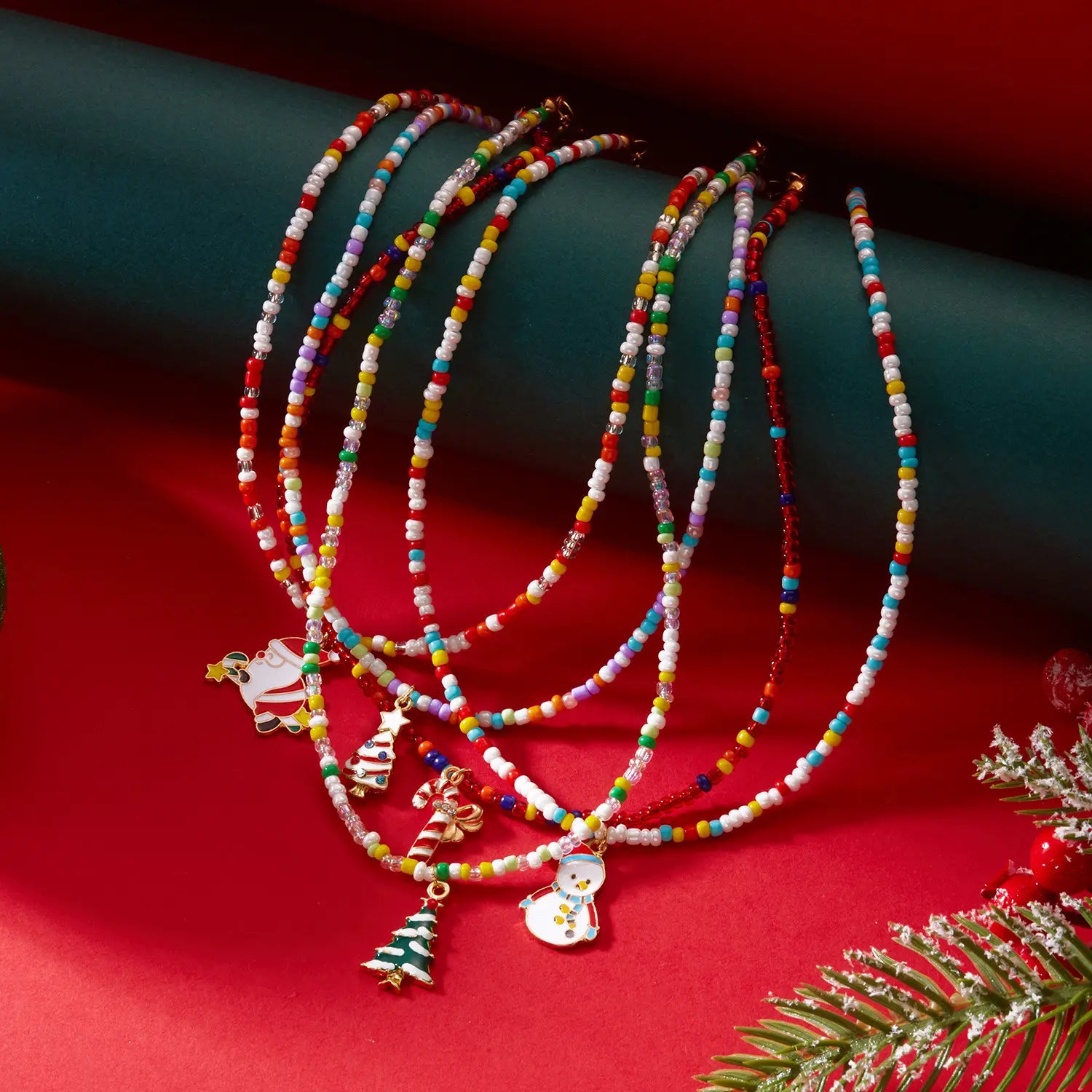 Christmas cartoon santa bell snowman snowflake pendant colorful seed bead necklace for women