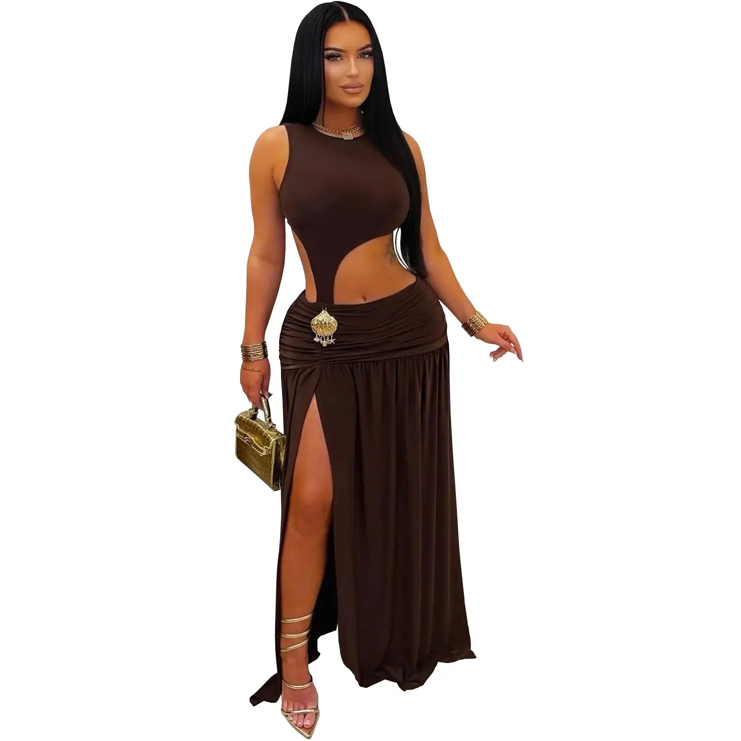 Fashion women’s sexy solid color sleeveless crop open fork dress