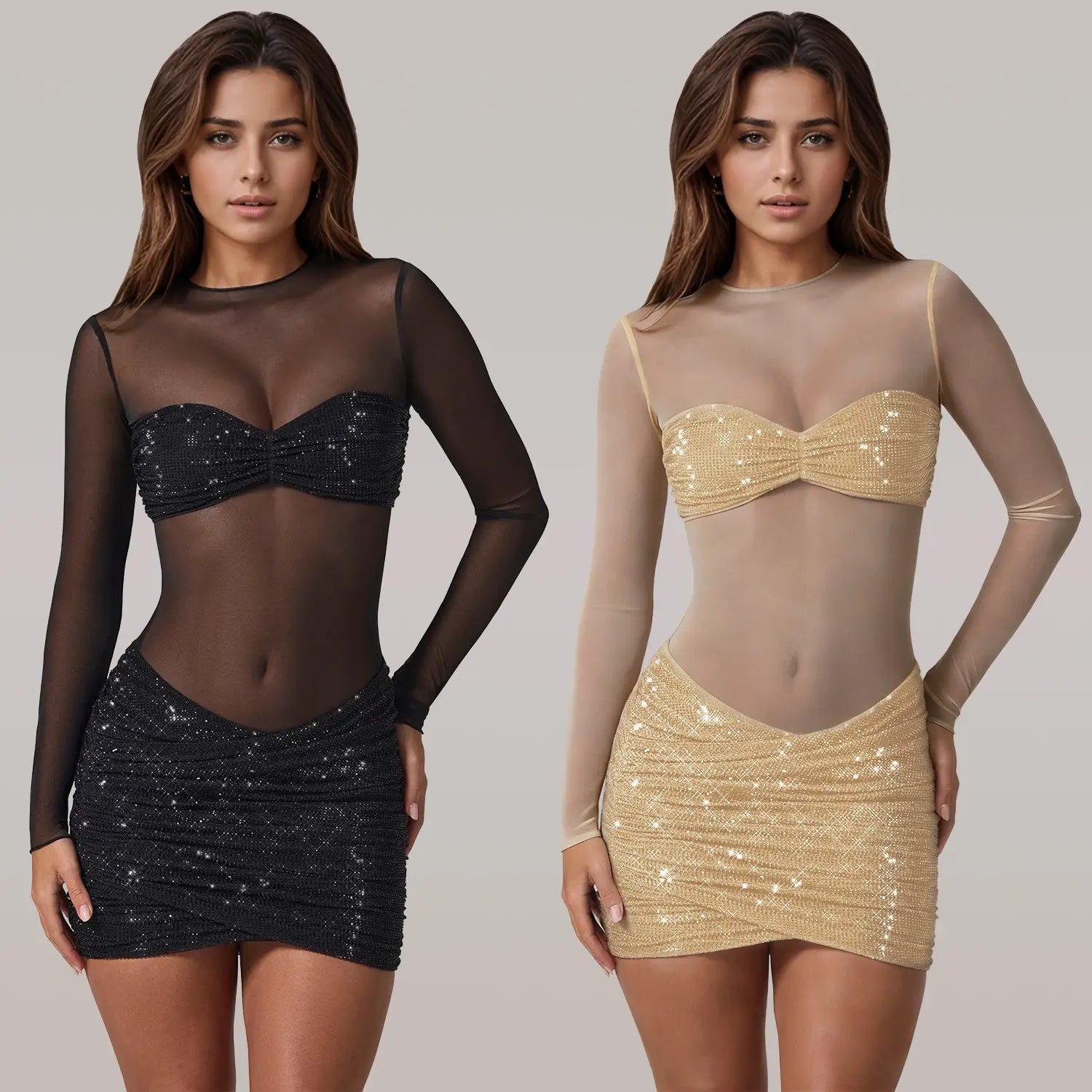 Fashion women’s sexy sheer mesh rhinestone dress mini skirt