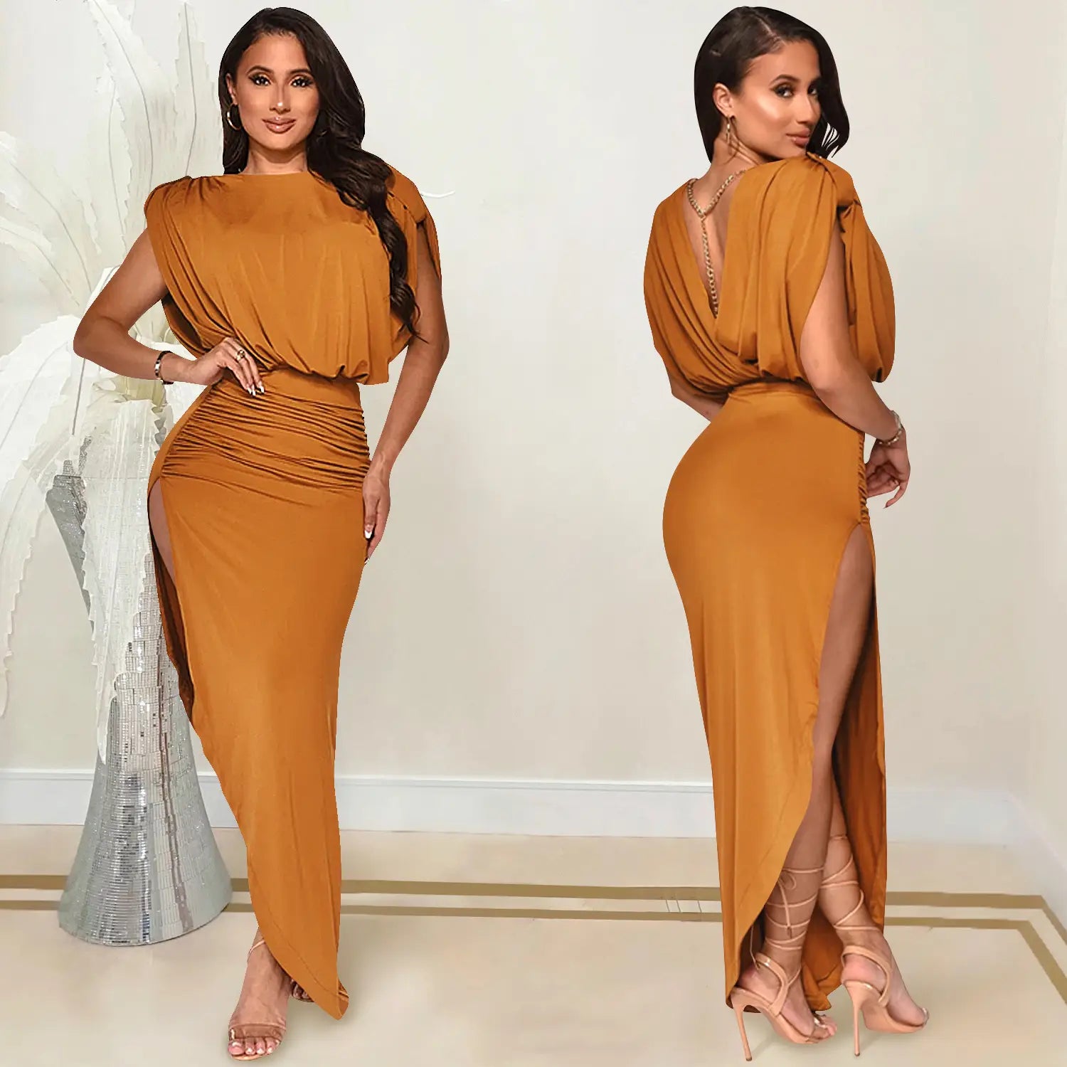 Fashion solid color women’s round neck sleeveless pleated asymmetrical slit long dress