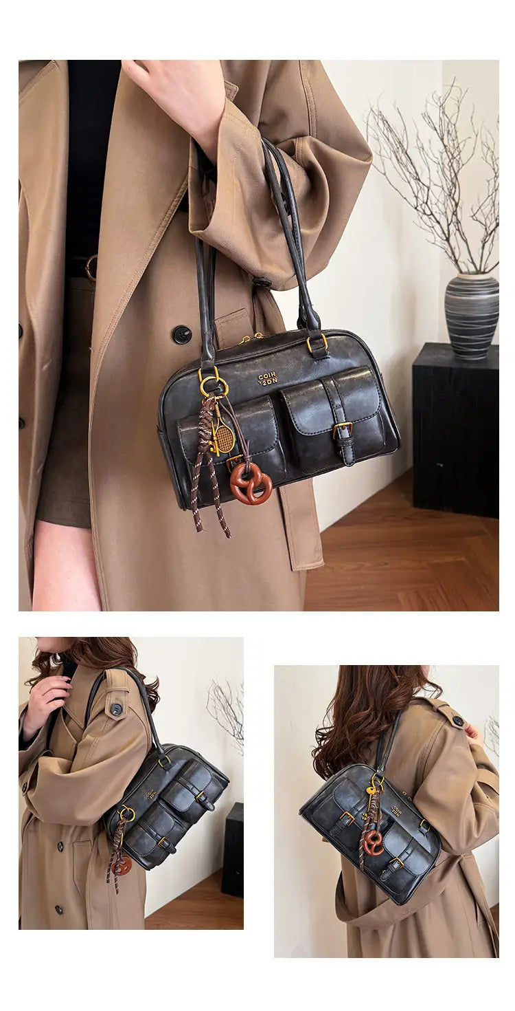Korean-style retro shoulder bag fashion trendy casual boston bag stylish bowling bag