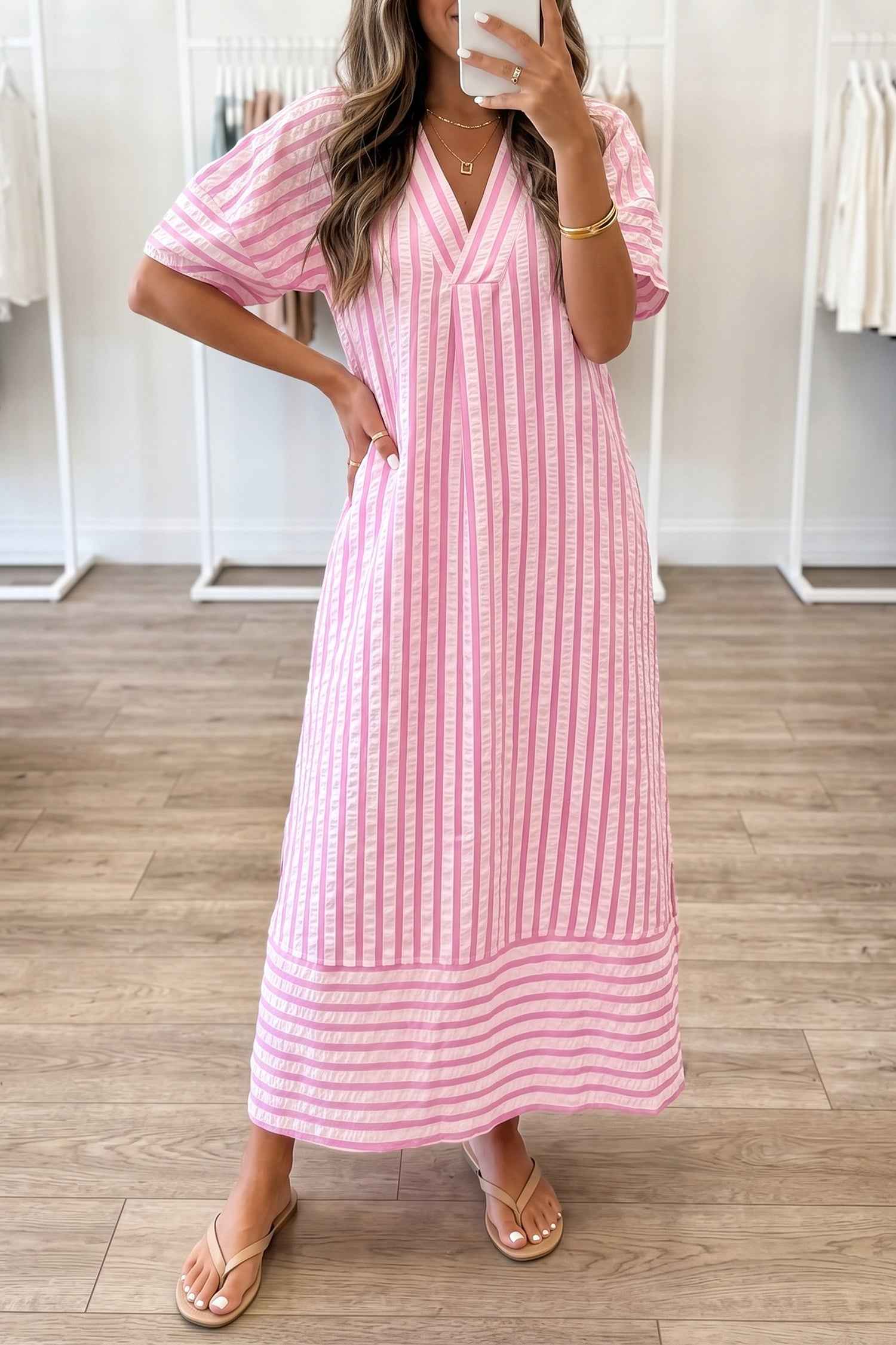Pink Stripe V Neck Short Sleeve Shift Long Dress