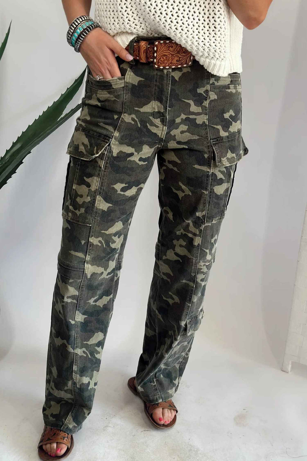 Green Camouflage Print Multi Pocketed Womens Denim Pants