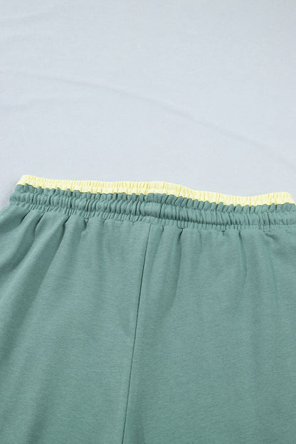 Sky Blue Color Block Flower Patchwork Drawstring Contrasted Elastic Waist Wide Leg Pants