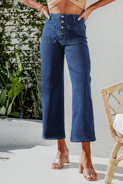 Gray High Waist Button Front Wide Leg Cropped Jeans