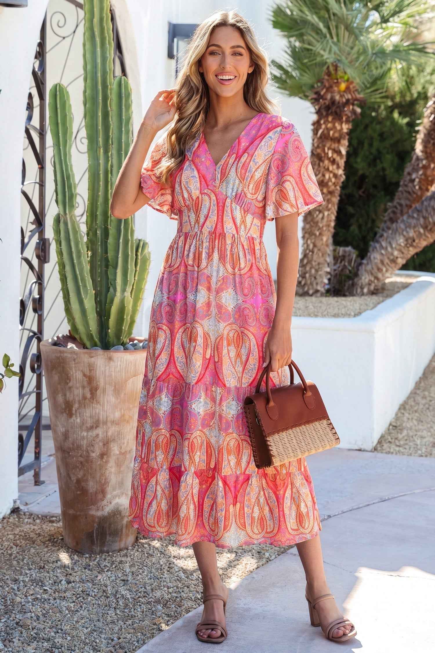 Multicolour Paisley Print V-Neck Short Sleeve Boho Maxi Dress with Ruffle Details