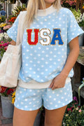 Sky Blue Polka Dot USA Chenille Lettering High Neck Short Sleeve Casual Shorts Set