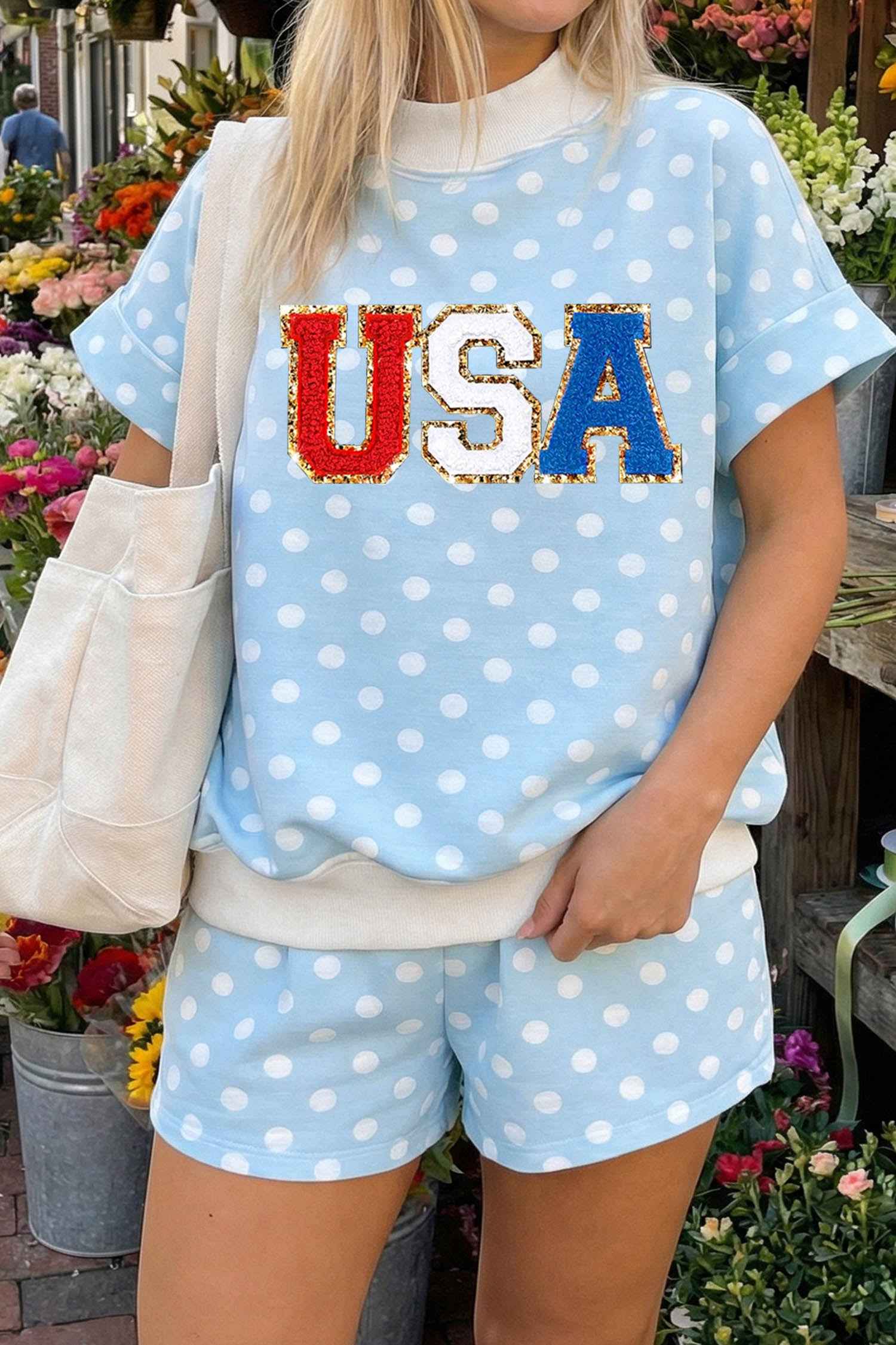 Sky Blue Polka Dot USA Chenille Lettering High Neck Short Sleeve Casual Shorts Set