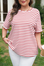 Red Stripe Plus Size Scalloped Trim Round Neck Short Sleeve Top