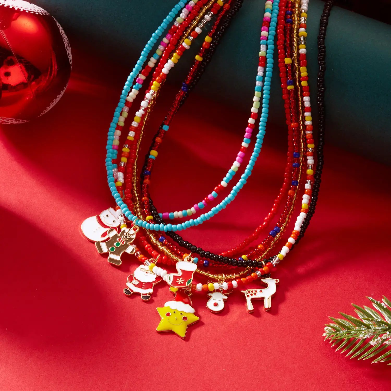 Christmas cartoon santa bell snowman snowflake pendant colorful seed bead necklace for women