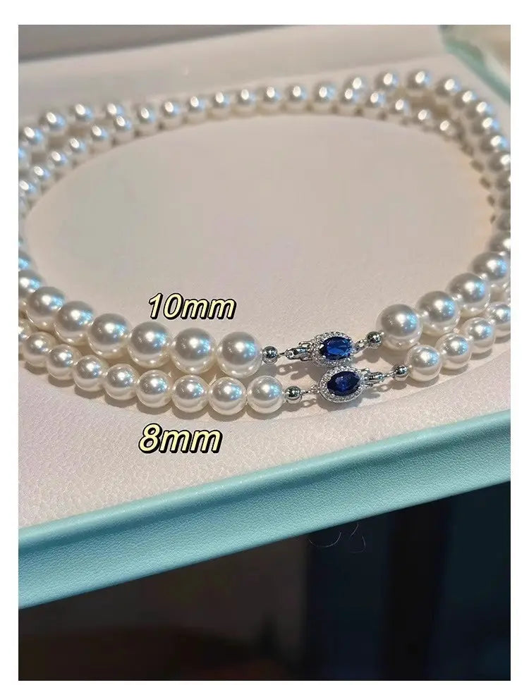 Natural mother-of-pearl pearl necklace silver blue gem clasp high luster premium quality pearl australian white necklace