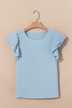 Clearly Aqua Solid Color Ruffle Sleeve Crinkled Blouse