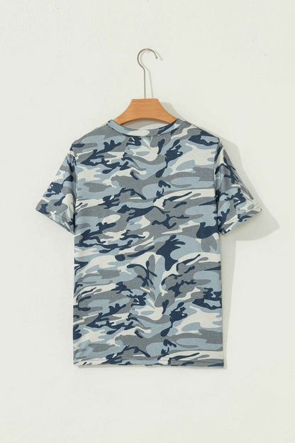 Green Camo Print Crew Neck Short Sleeve Tee