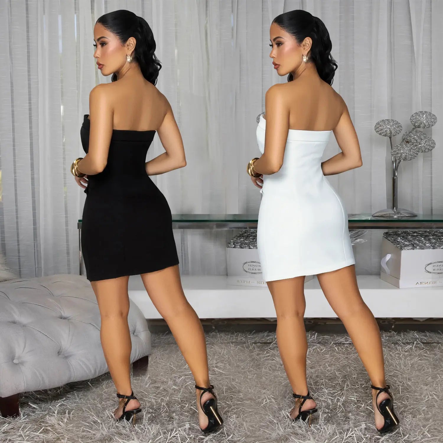 Fashion Sexy Strapless Backless Double-Breasted Dress for Women