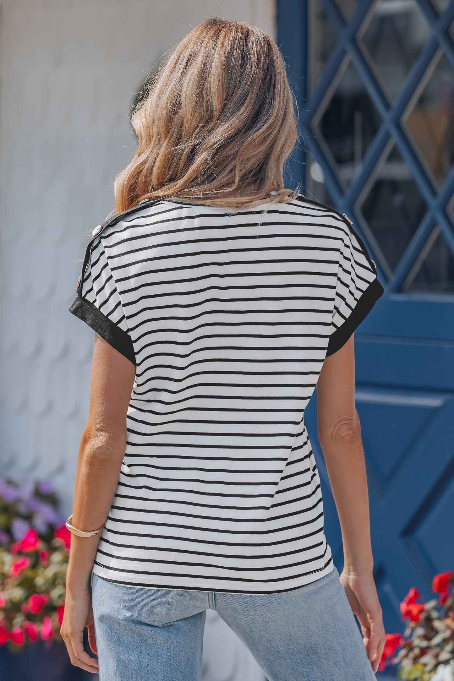 Black Stripe Cuffed Sleeve Button Detail Loose Tee