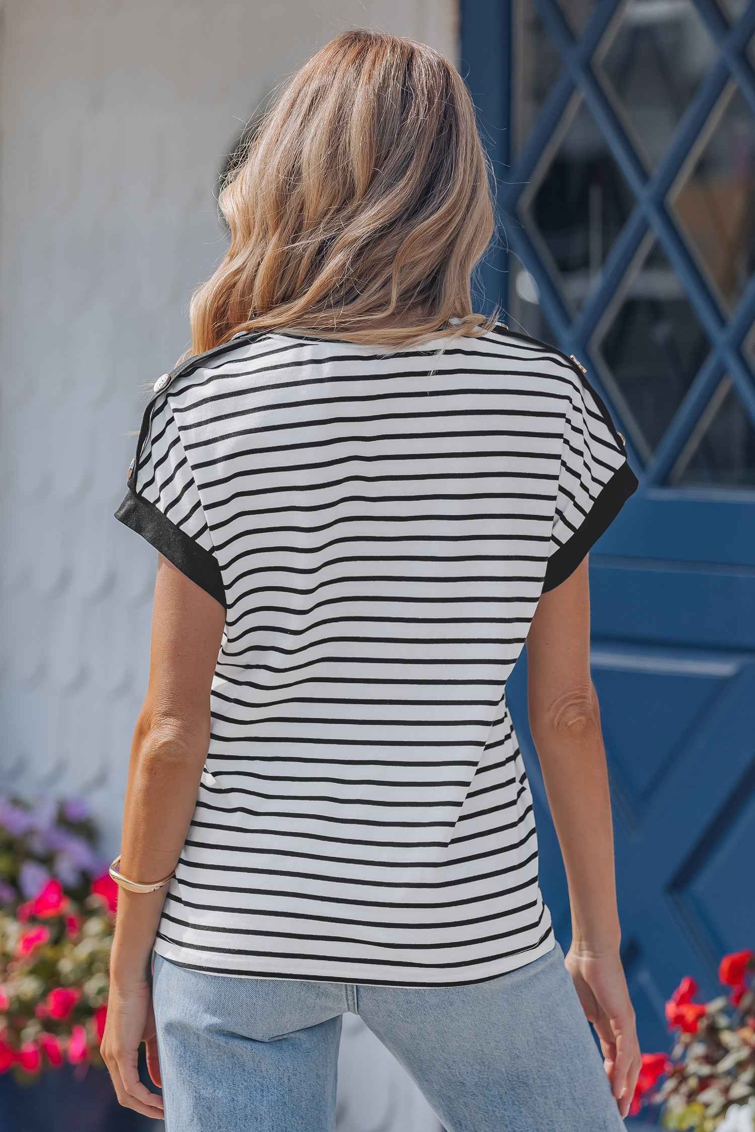 Black Stripe Cuffed Sleeve Button Detail Loose Tee