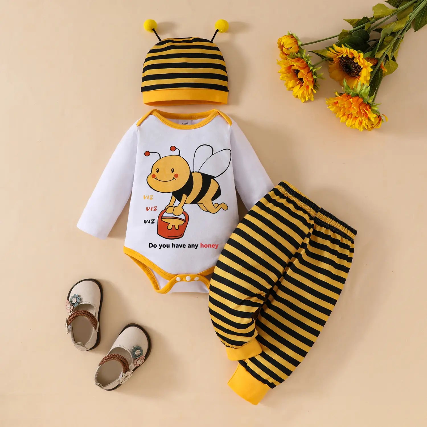 Cute baby boy baby girl little bee pattern long sleeved triangular khaki striped pants + tentacle hat set