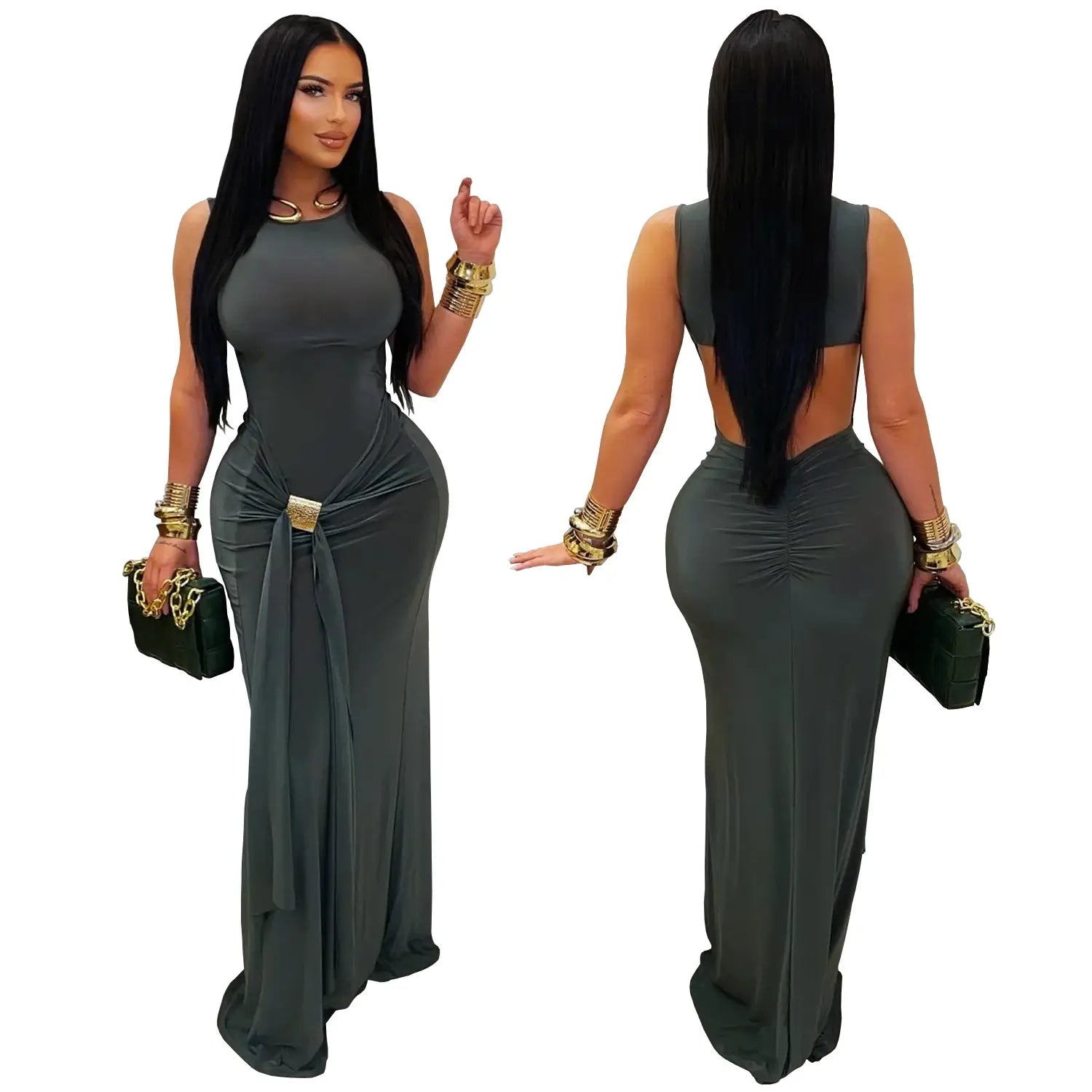 Fashion women’s elegant solid color slim backless dress