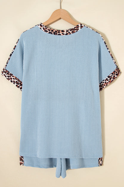 Light Grey Leopard Trim Twist Ribbed Short Set