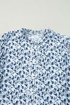 Blue Floral Print Lace Detail Puff Sleeve Shirt