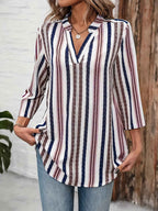 Color Block Striped Notch Collar 78 Sleeve Top