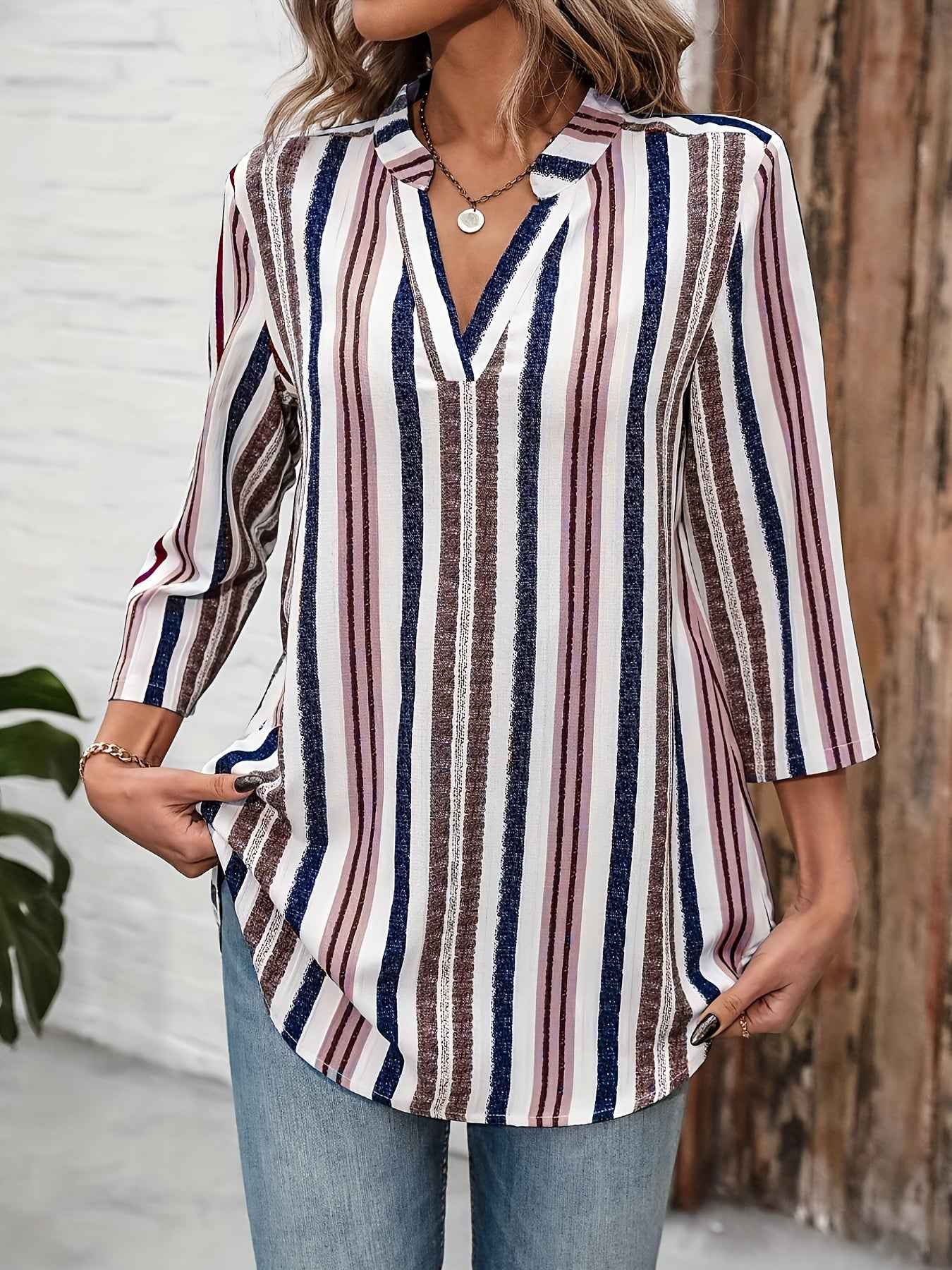 Color Block Striped Notch Collar 78 Sleeve Top