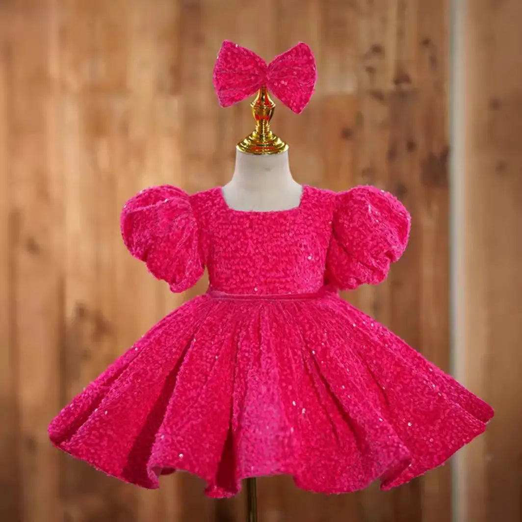 Rose red girls’ dress birthday party princess runway piano performance costume flower girl short skirt