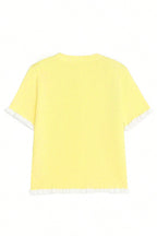 Yellow Cream Ribbed Knit Contrast Frilled Short Sleeve Sweater Cardigan