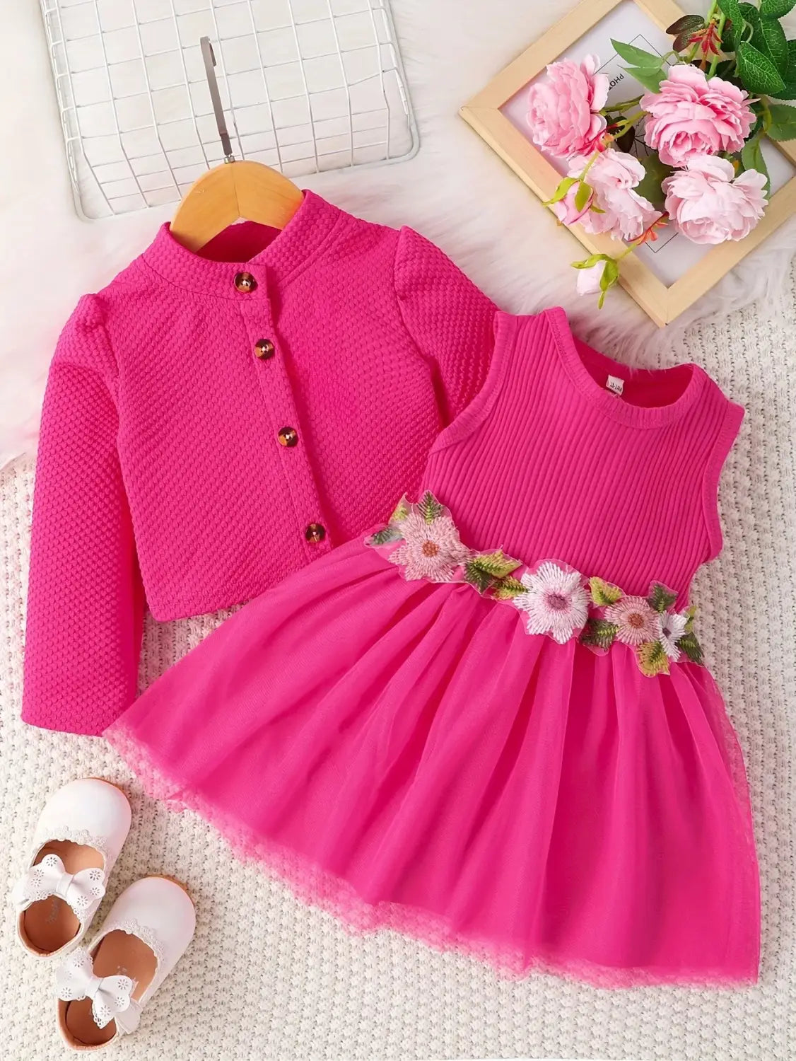 Baby girl waist flower design vest spliced mesh dress jacket for infants and young children