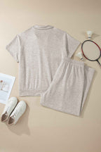Light Grey Plus Size V Neck Polo Tee Drawstring Loose Pants 2pcs Set