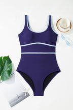Navy Blue Contrast Trim Lace-up Back One Piece Swimsuit