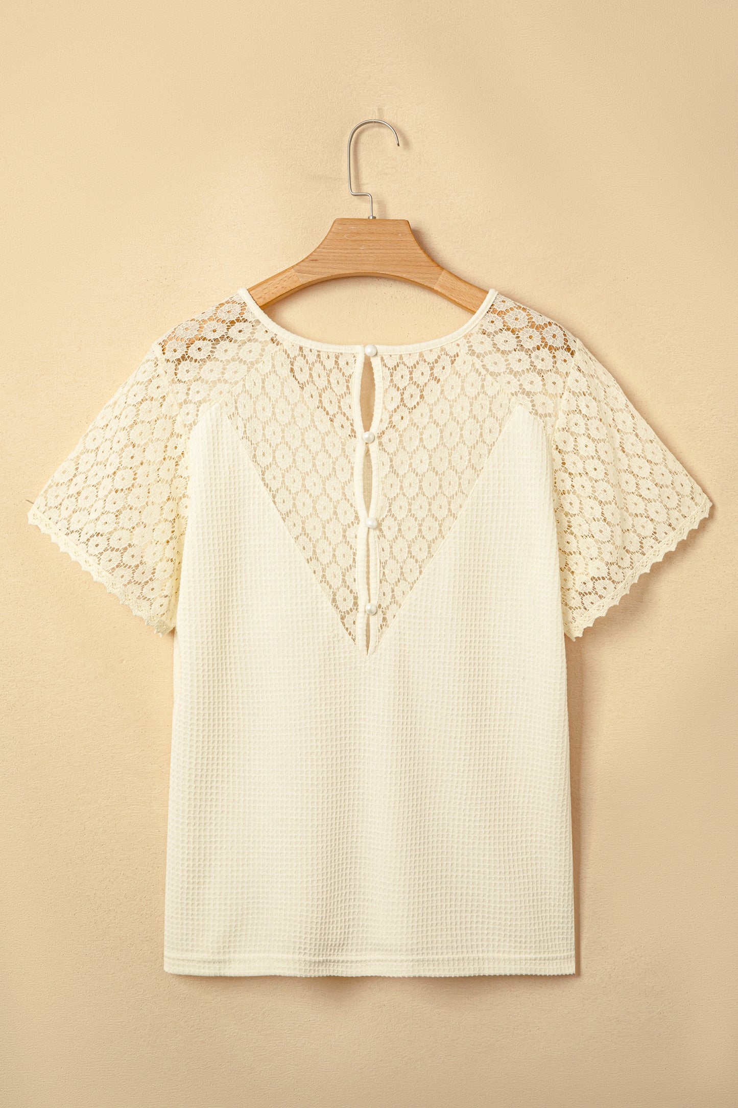 Pink Lace Splicing Button Cutout V Neck Waffle Knit Blouse