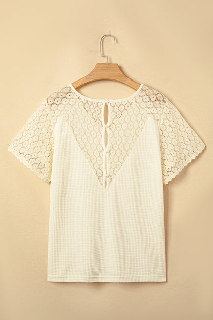Pink Lace Splicing Button Cutout V Neck Waffle Knit Blouse