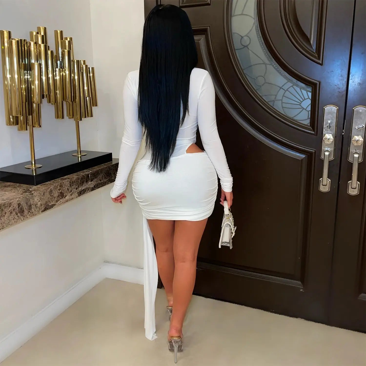 Fashion Women's Sexy Deep V Neck Solid Color Ribbon Dress Mini Dress