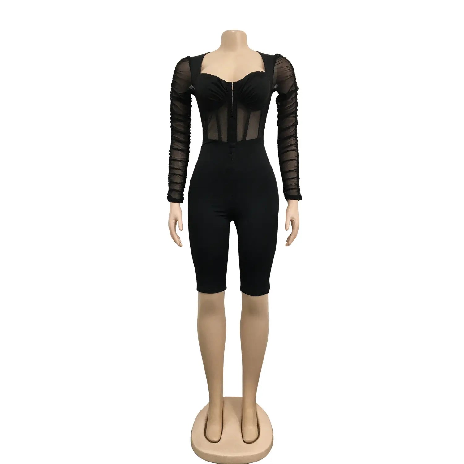 Fashion women’s solid color long sleeve short pants mesh sheer jumpsuit