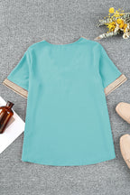 Green Lace Trim V Neck Short Sleeve Blouse