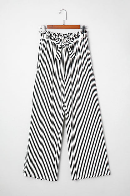 Black Striped Frill Knot Waist Decor Pants