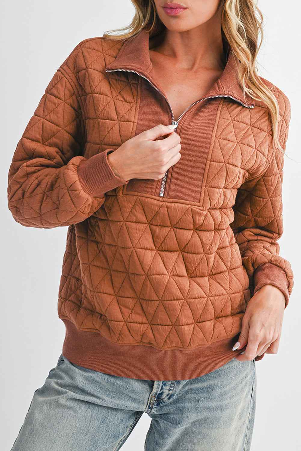 Straw Yellow Textured Zipper Neck Long Sleeve Pullover Sweatshirt