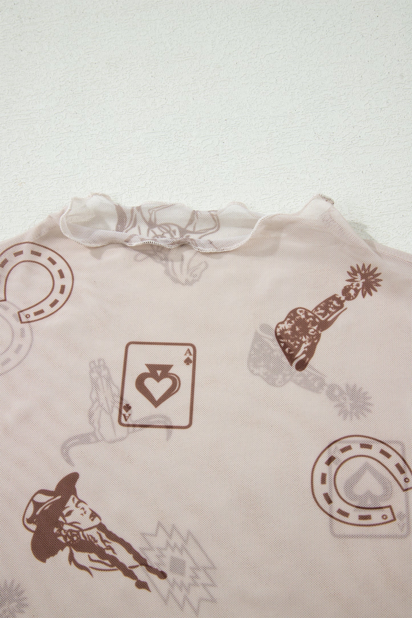 Brown Floral Printed Mesh Short Sleeve Top