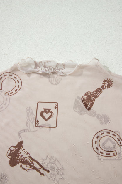 Brown Floral Printed Mesh Short Sleeve Top