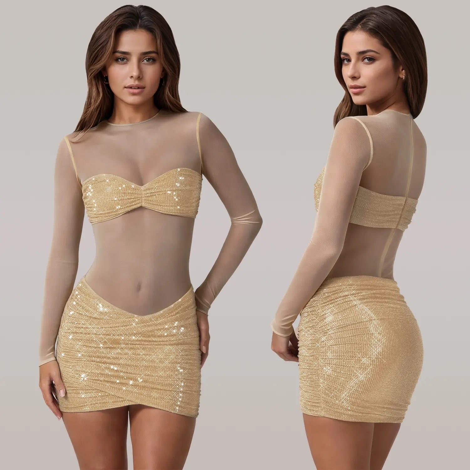 Fashion women’s sexy sheer mesh rhinestone dress mini skirt