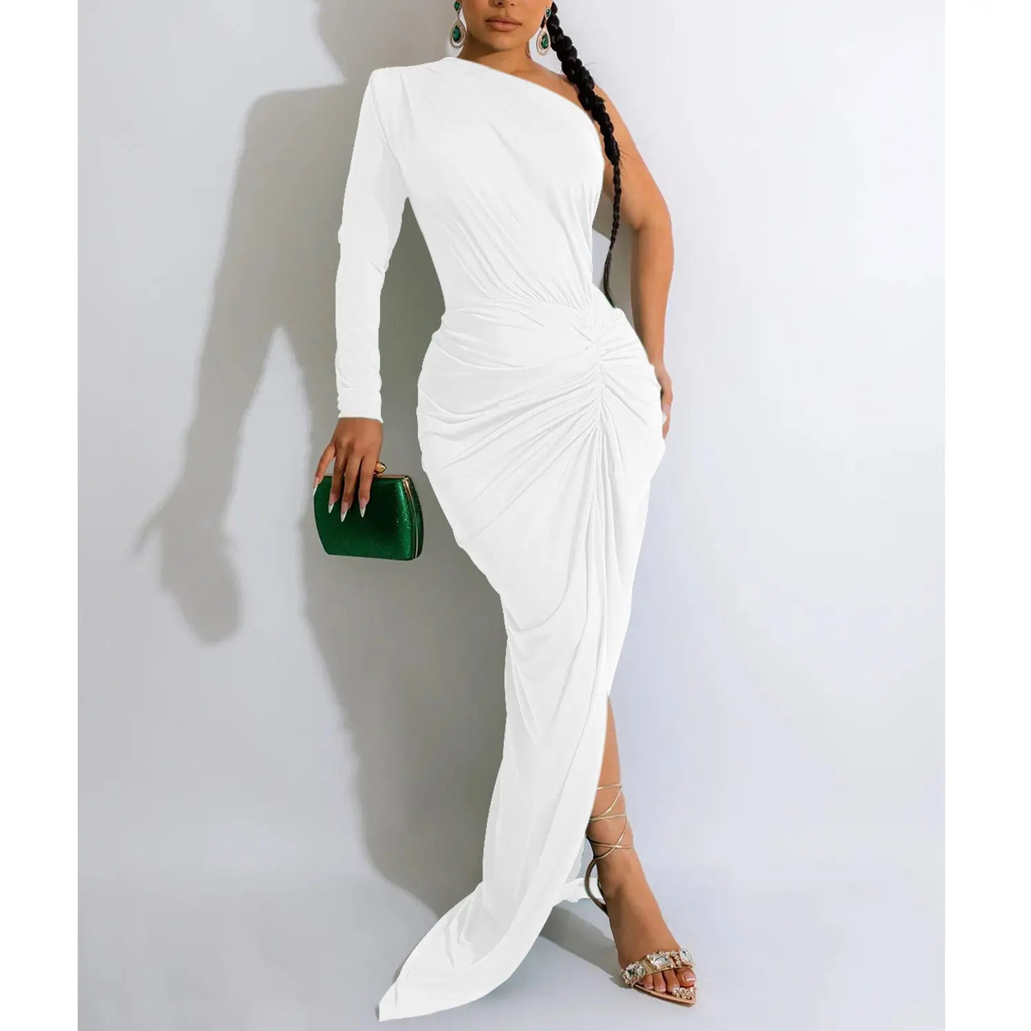 Fashion women’s solid color asymmetrical neck single long sleeve long dress with pleats