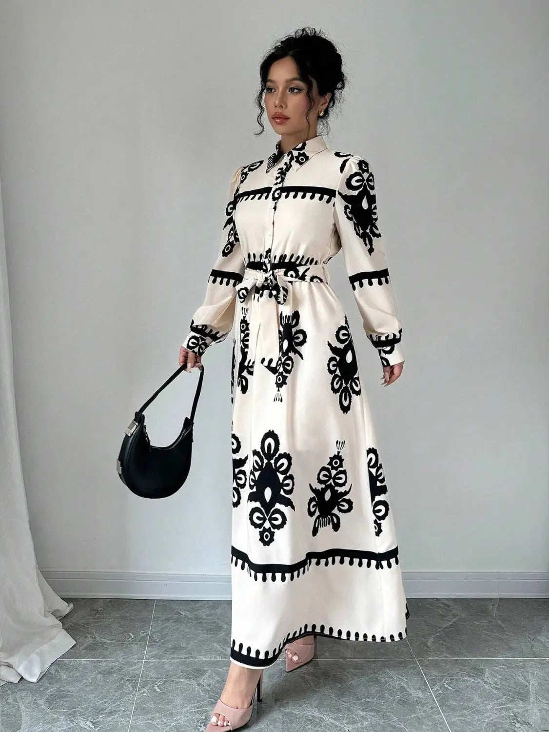 Style printed tie-up long dress with a-line silhouette