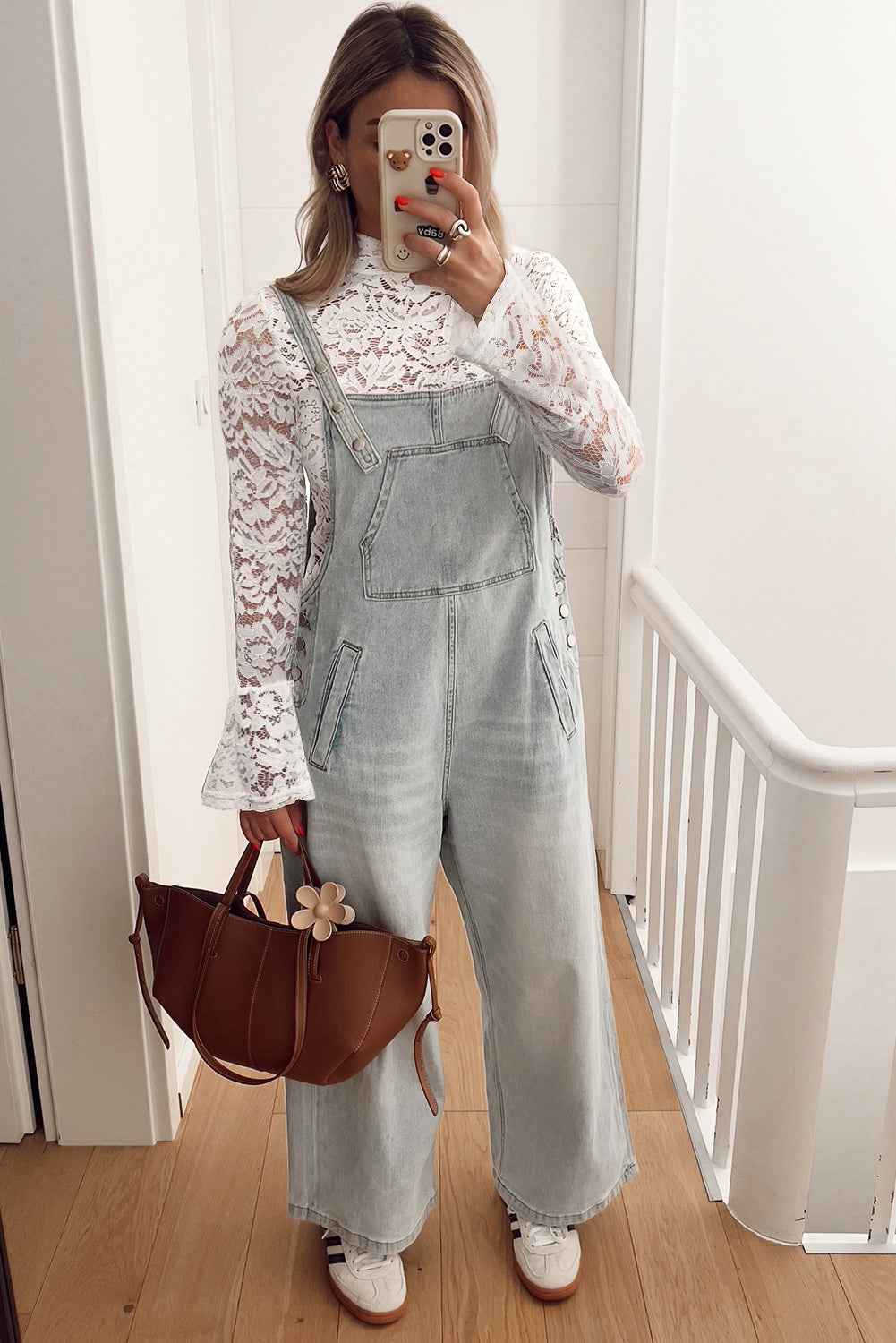 White Lace Crochet Bell Sleeve Mock Neck Blouse